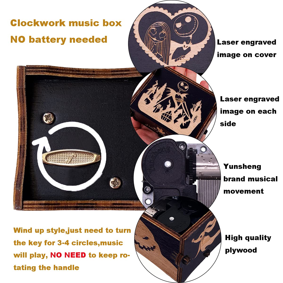 Music Box Halloween Christmas Painted Wind Up Musical Box Clockwork Laser Engraved Wood Musical Gifts for Fans (Image3-Windup)